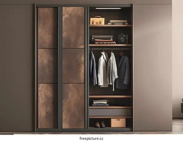 Modern Brown Sliding Closet Doors with Interior Shelves and Hanging Space
