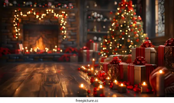 Christmas presents and Christmas tree in front of fireplace