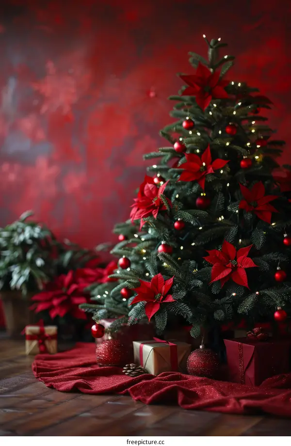 Bright and Festive Christmas Tree with Presents and Poinsettia