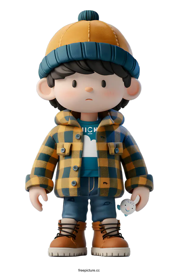 [Transparent Background PNG]3D Character Illustration of a Boy in a Beanie and Plaid Shirt