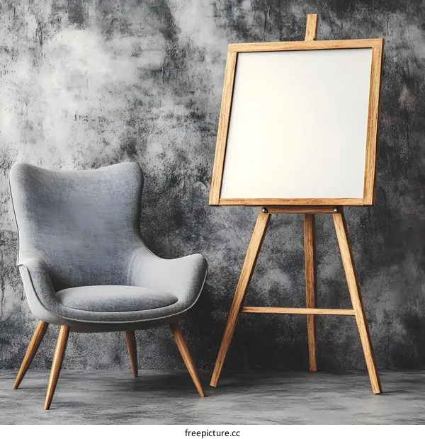 Blank Canvas on Wooden Easel with Grey Chair and Concrete Wall Background