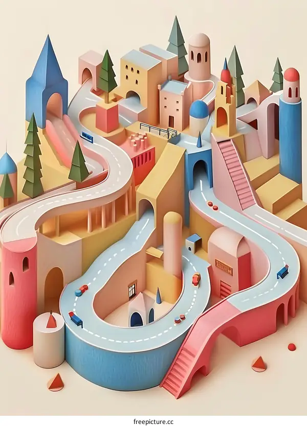 3D Illustration of a Miniature City with Colorful Buildings and Winding Roads