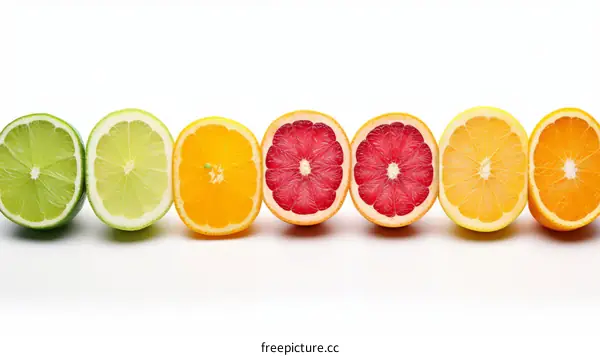 Various citrus fruits are lined up in a row