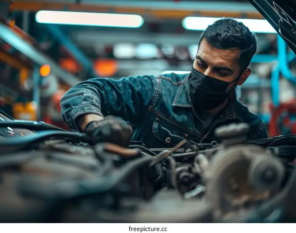 Car mechanic wearing a mask fixing a car engine