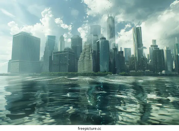 Green Water Reflection Cityscape