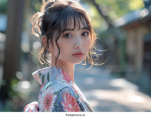 Asian Woman in Traditional Japanese Kimono Portrait