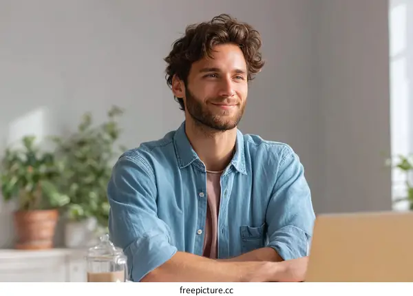 Smiling young man with curly hair working at home office