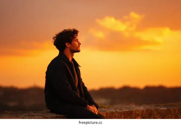 Man Contemplating Sunset Horizon