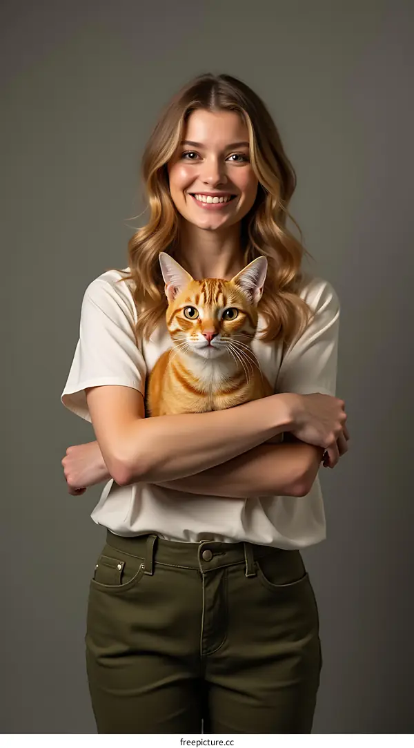 Smiling Woman Holding a Cute Orange Cat