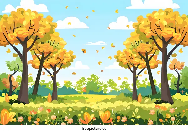 Autumn Landscape Illustration with Yellow Trees and Butterflies