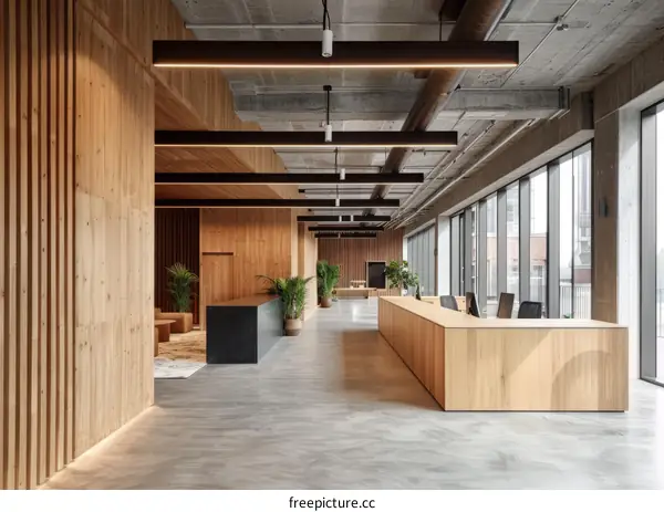 Modern Office Decor with Wooden Walls and Concrete Ceiling