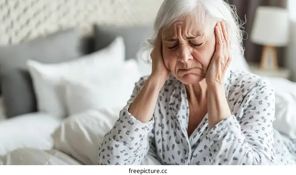 Elderly Woman Suffering from Head Pain in Bed