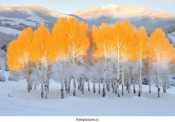 Golden Aspens In The Snow Covered Mountains