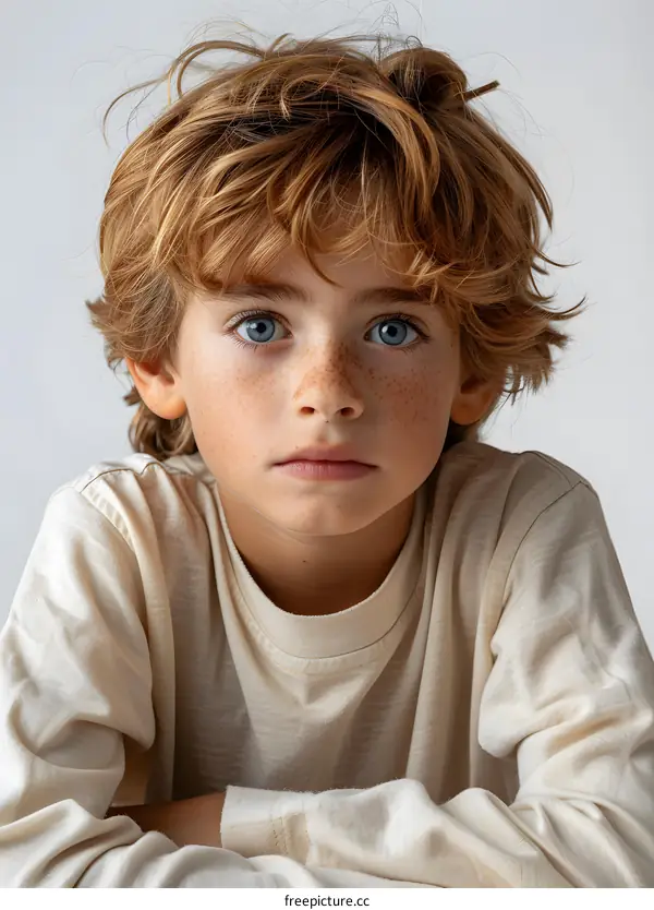 Portrait of a young boy with red hair and freckles