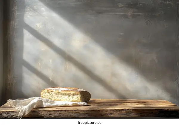 Rustic Wooden Table with Bread and Sunlight