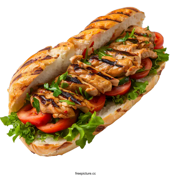 [Transparent Background PNG]Grilled chicken sandwich with tomato, lettuce and cucumber
