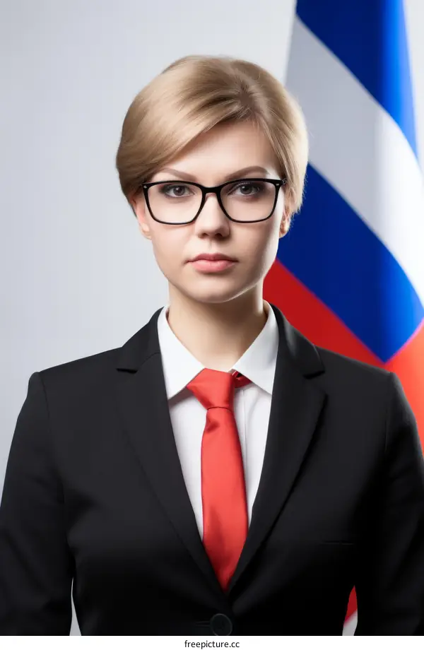 Portrait of a young woman in a suit and tie with a Russian flag in the background