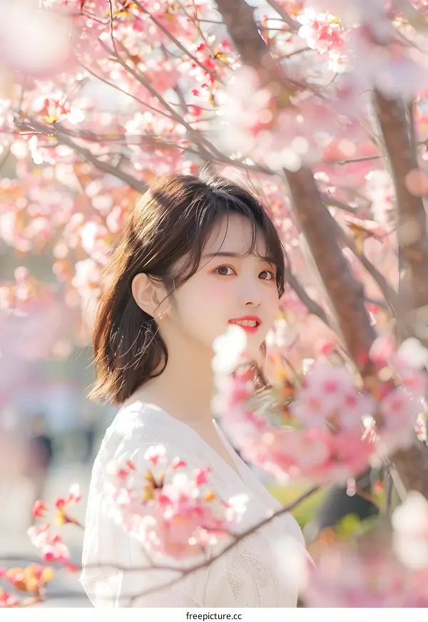 Asian Woman in Pink Blossoms