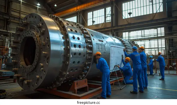 Turbine manufacturing workers checking the quality of a turbine