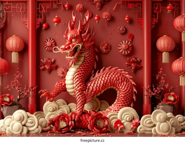 Red Dragon 3D Rendering with Gold Decorations