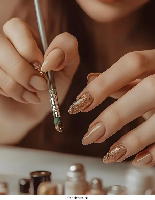 Closeup of Female Hands Applying Gold Glitter Nail Polish