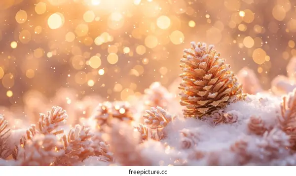 Snowy pine cones with blurred golden lights in the background