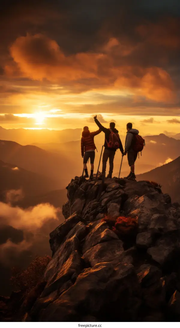 Three hikers celebrating their successful summit of a mountain as the sun sets behind them