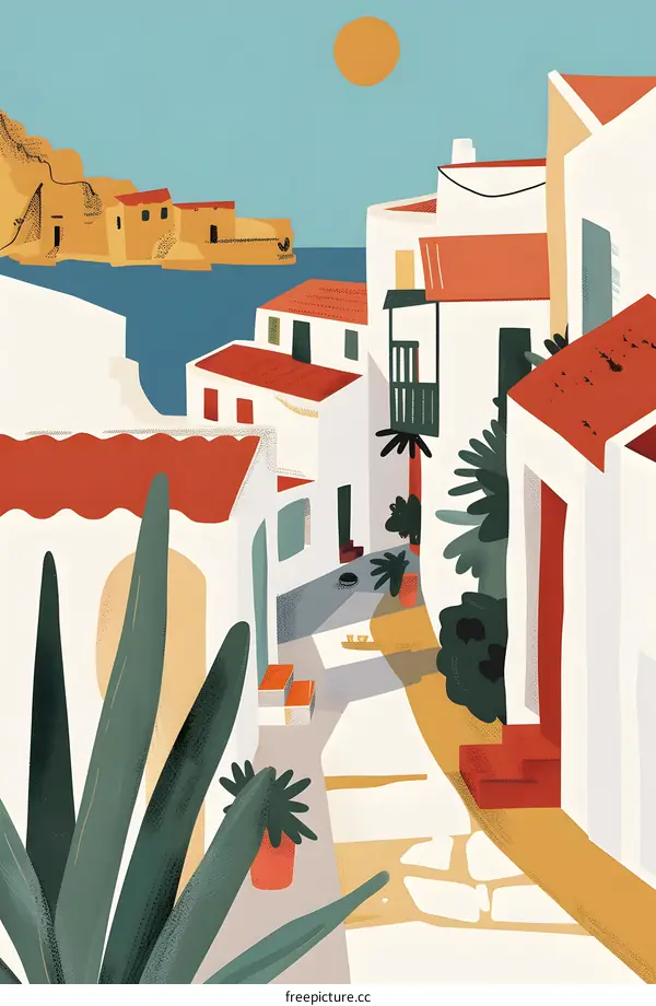 Illustration of a Mediterranean Village with White Houses