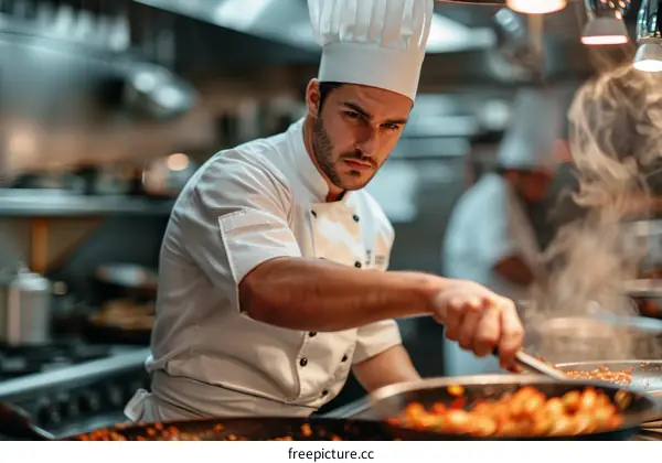 Focused male chef cooking in a commercial kitchen