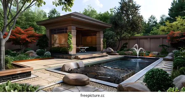 Courtyard with a pool and a pavilion