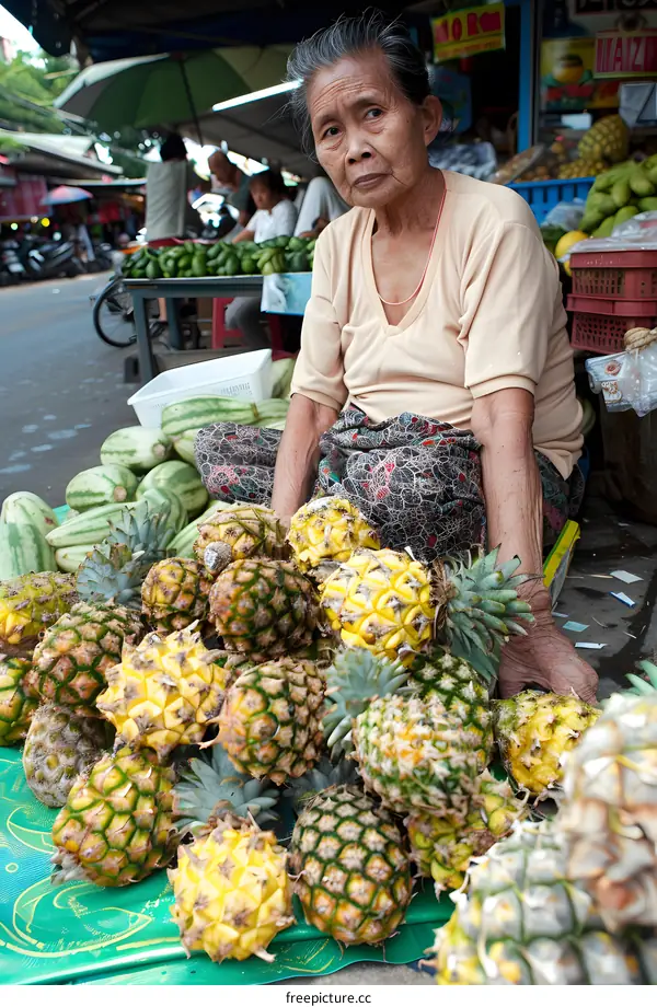 Asian Woman Selling Pineapples at a Market