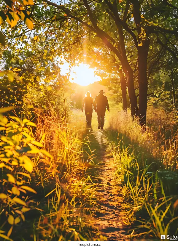 Couple Walking Through Forest Path At Sunset