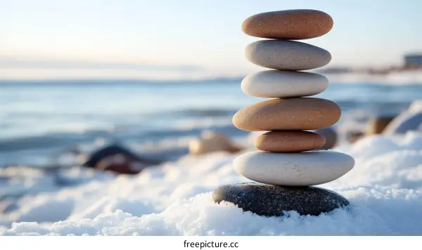 Balanced Stones on Winter Snowscape