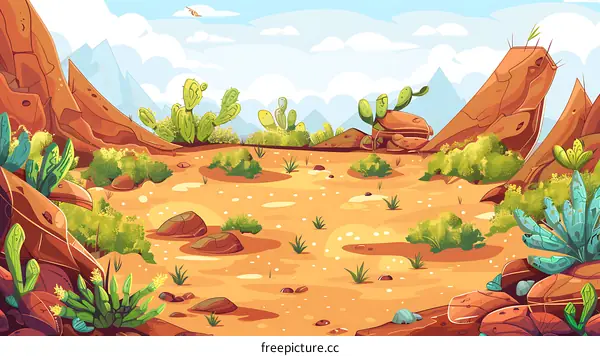 Desert Landscape Illustration with Cactus and Rocks