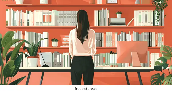 A woman standing in a library in front of a large bookshelf.