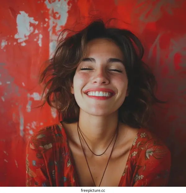 Happy Woman with Red Background