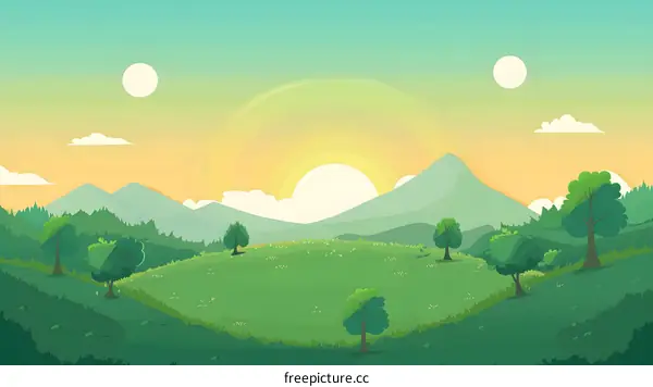 Beautiful Green Meadow with Mountains and Sunset