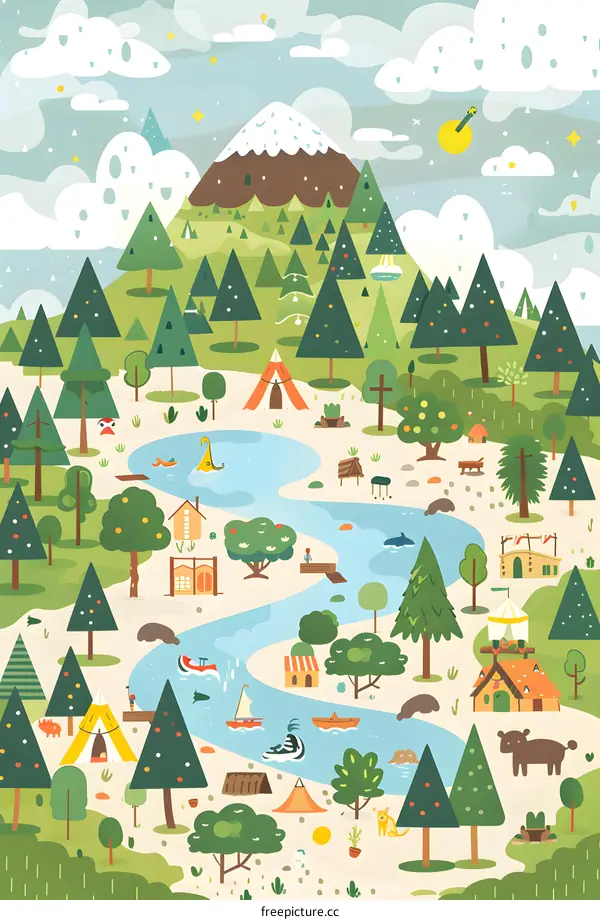 Illustrated Camping Scene with Mountains, River, and Forest