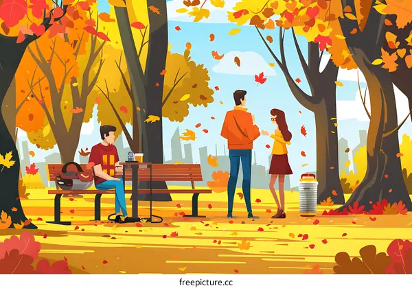 Three People Enjoying Autumn Day in Park