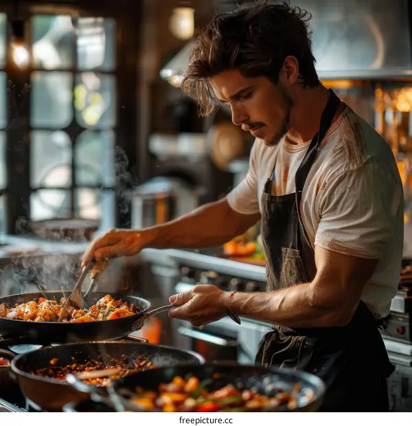 Young male chef cooking in a commercial kitchen