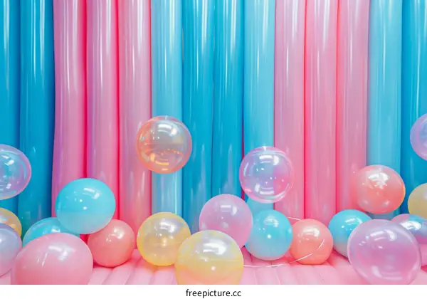 Pink and blue balloons in front of an inflatable wall