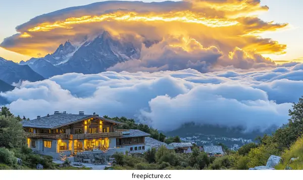 Majestic Mountain Sunset Over Cloudscape with Chalet