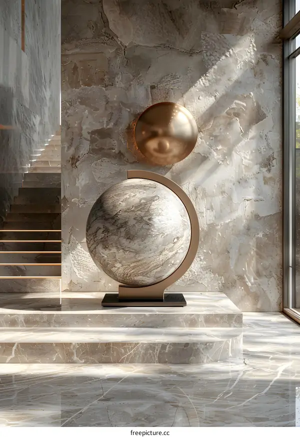 3D rendering of a marble sculpture in the shape of a sphere with a golden ring.