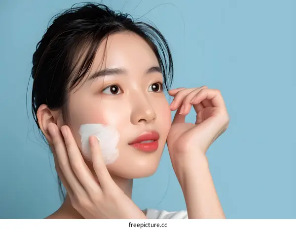 Young Asian Woman Applying Face Mask on Blue Background