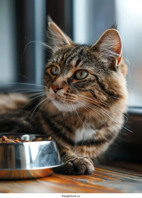 A cute cat is sitting by the window and looking away from the camera