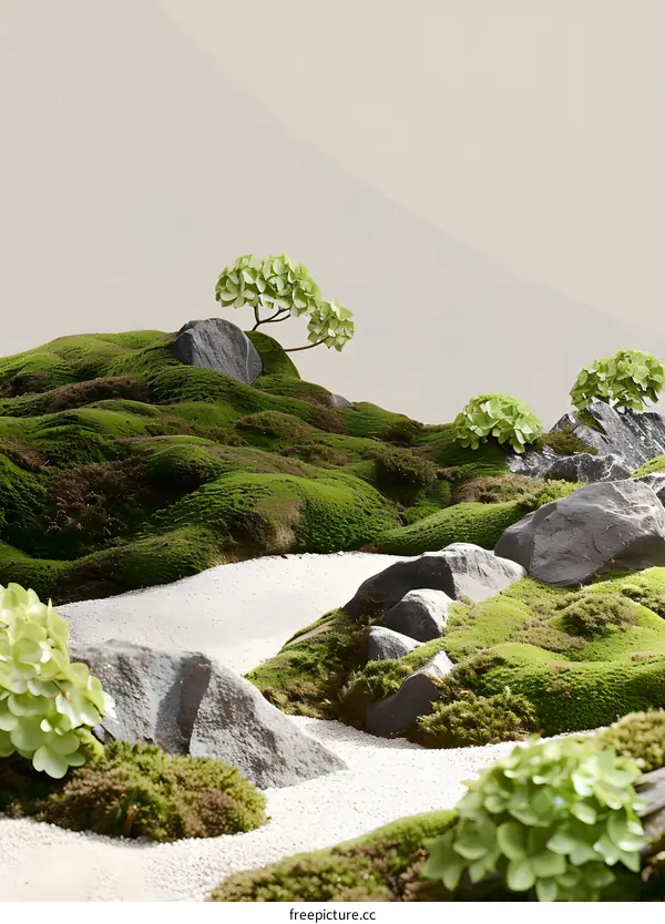 Zen Garden with Moss and White Gravel