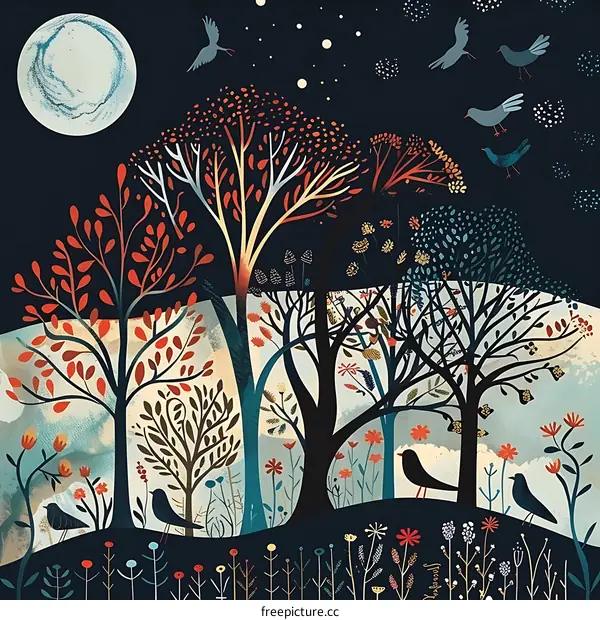 Night Sky Forest Illustration With Birds And Moon