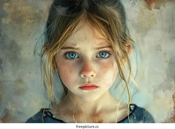 Portrait of a young girl with blue eyes and freckles