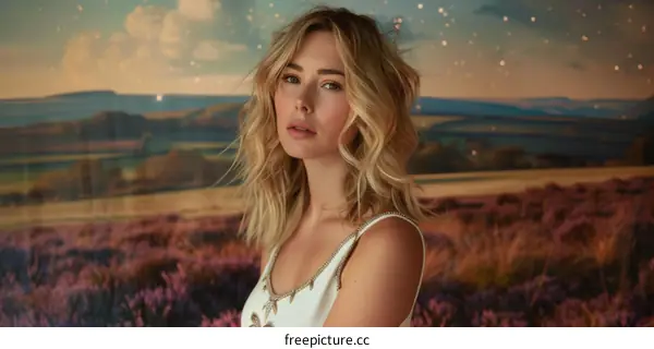 Portrait of a young blonde woman standing in a field of lavender