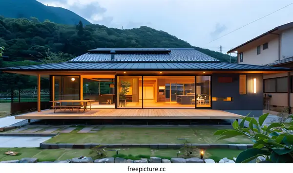 Modern Japanese Home with Wooden Deck and Mountain View